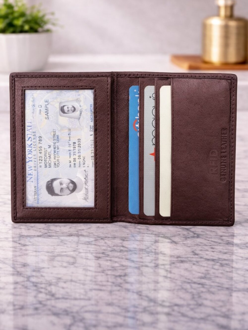 Genuine Leather Men Bifold Credit Card Holder with RFID Blocking